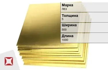 Латунный лист 5х500х1000 мм Л63 ГОСТ 931-90 в Семее